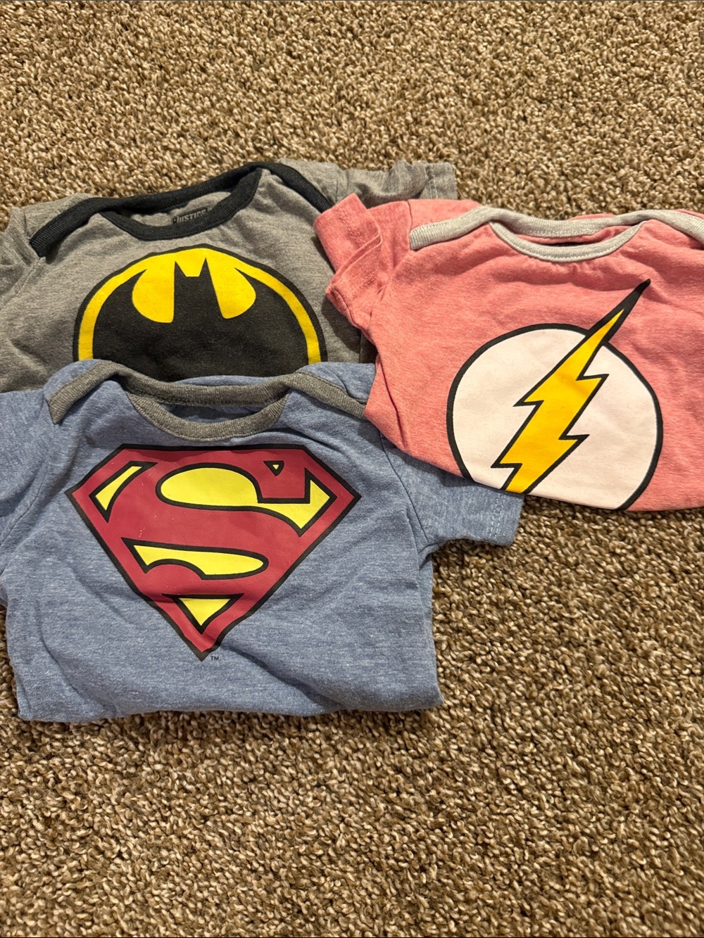 DC Comics Baby Superhero T-Shirt Bundle - Batman, Superman, Flash 12 month